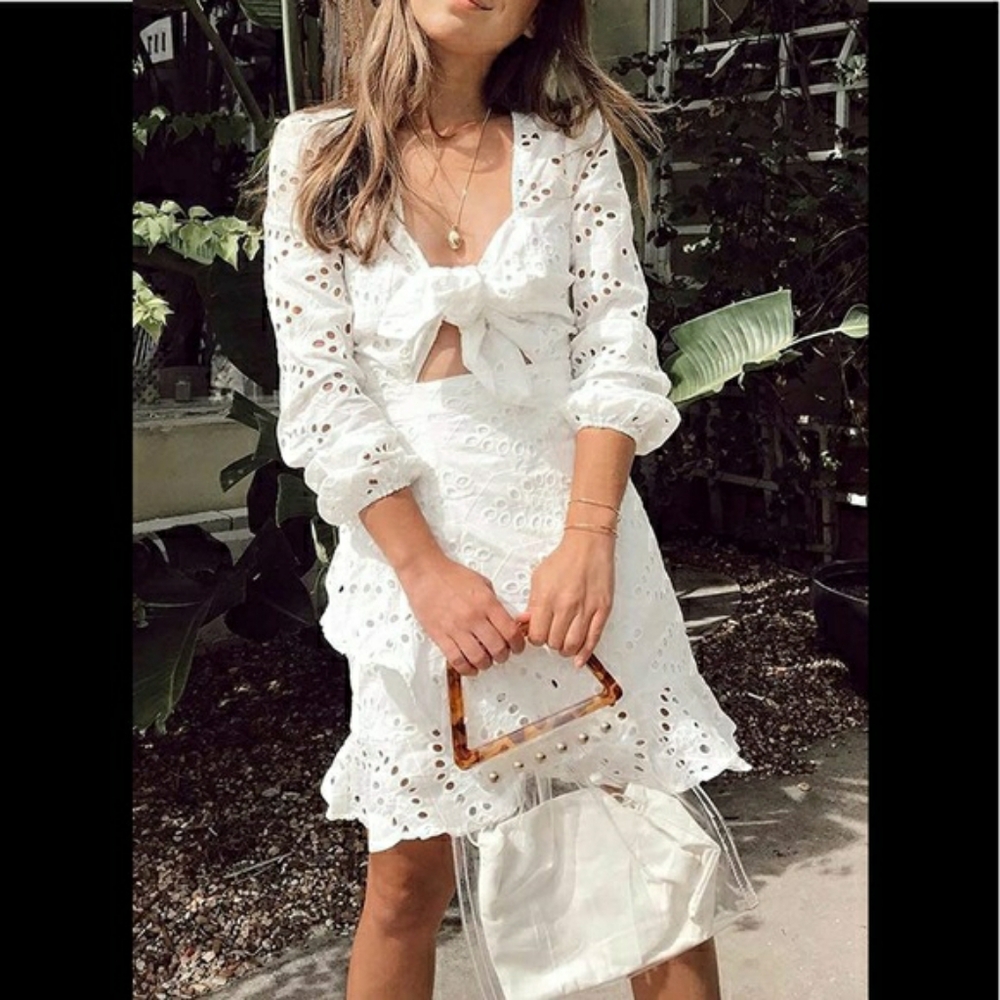 Simplee White Eyelet Mini Dress Size Medium Tie Front Ruffle